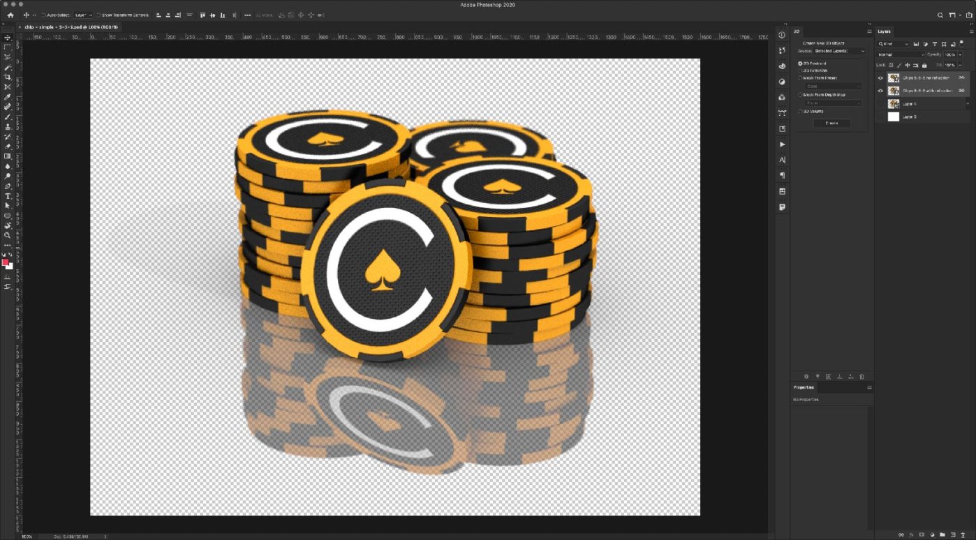 Photoshop rendered image of branded 3D casino chips